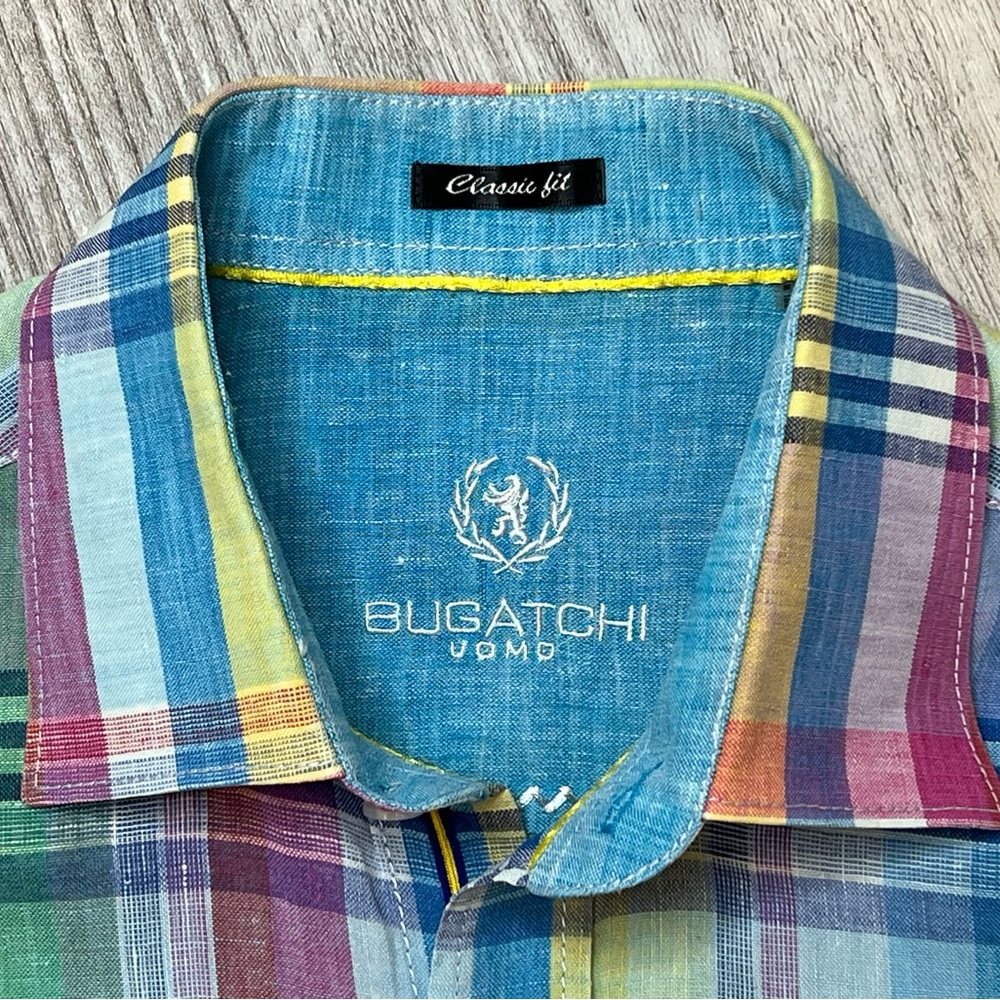Bugatchi Uomo 100% Linen Madras Plaid Classic Fit Short Sleeve Mens Shirt Size M